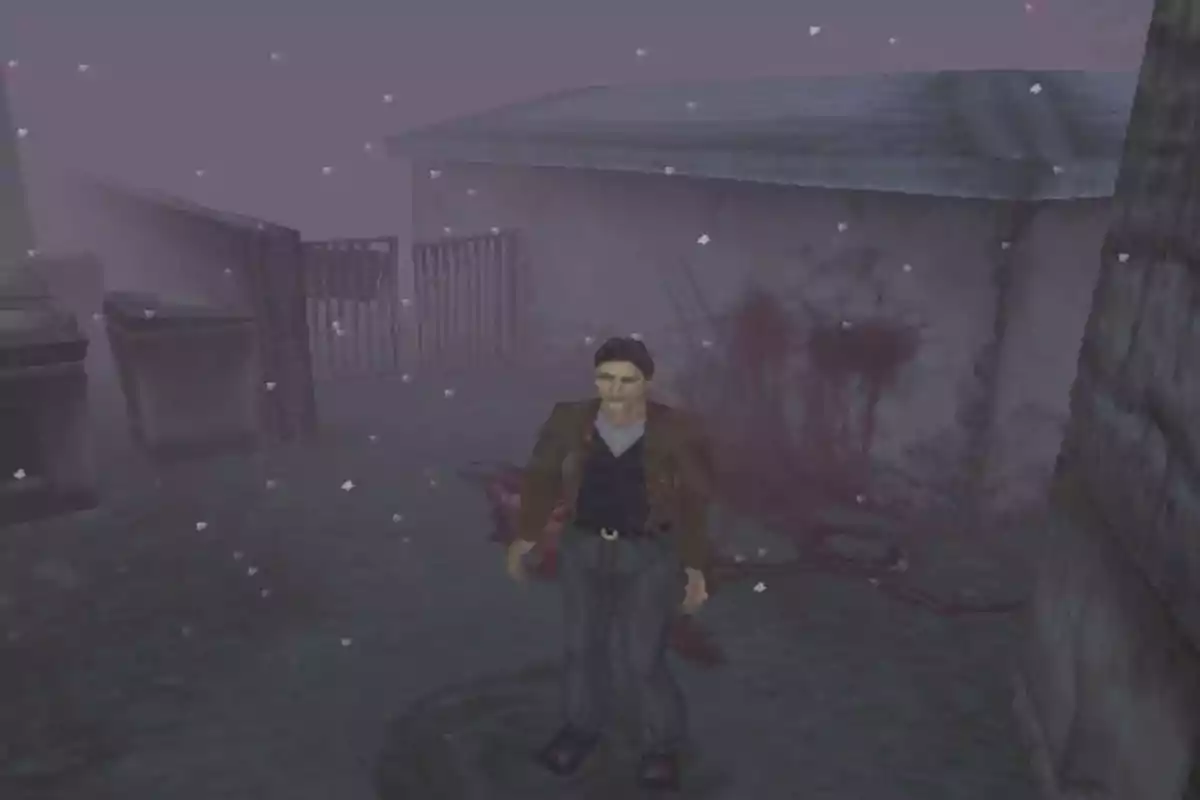 Hombre de pie en un callejón oscuro y neblinoso con manchas de sangre en la pared y el suelo, en un entorno de videojuego antiguo Hombre de pie en un callejón oscuro y neblinoso con manchas de sangre en la pared y el suelo, en un entorno de videojuego antiguo