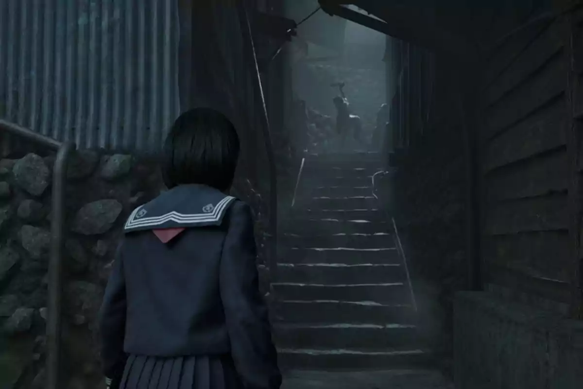 A girl in a school uniform looks at a dark staircase at the end of which a mysterious and menacing figure can be seen. A girl in a school uniform looks at a dark staircase at the end of which a mysterious and menacing figure can be seen.