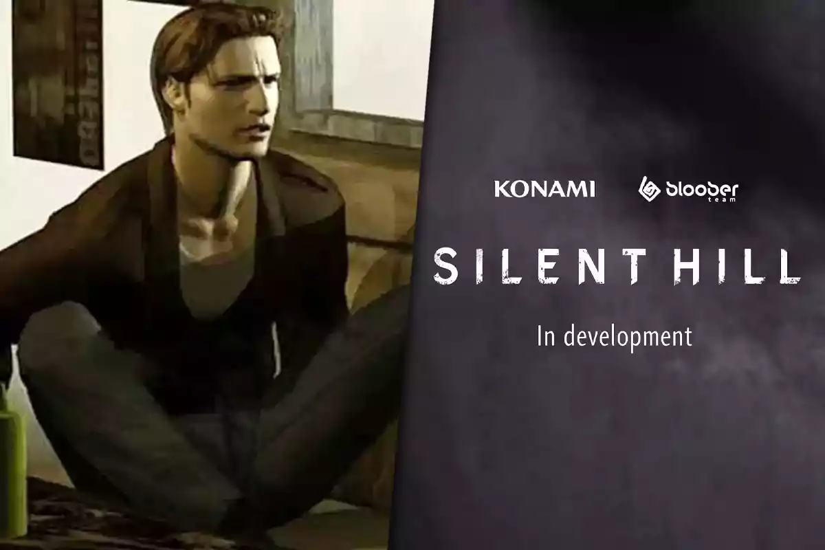 Un personaje de videojuego sentado junto a un anuncio de Silent Hill en desarrollo con los logotipos de Konami y Bloober Team
