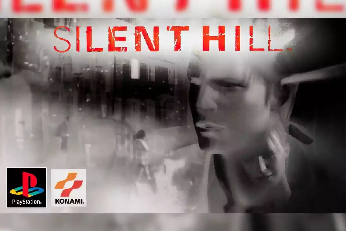 Portada del videojuego Silent Hill para PlayStation con un ambiente oscuro y neblinoso y los logotipos de PlayStation y Konami en la esquina inferior izquierda Portada del videojuego Silent Hill para PlayStation con un ambiente oscuro y neblinoso y los logotipos de PlayStation y Konami en la esquina inferior izquierda