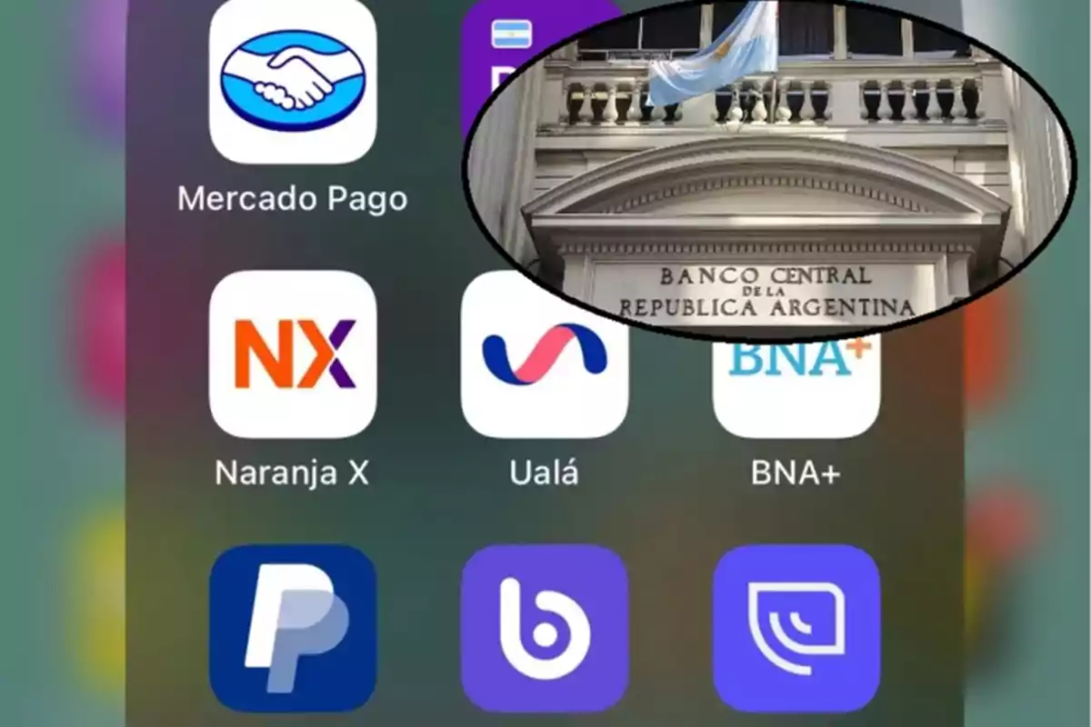 Aplicaciones financieras en un dispositivo móvil con un recuadro del Banco Central de la República Argentina.