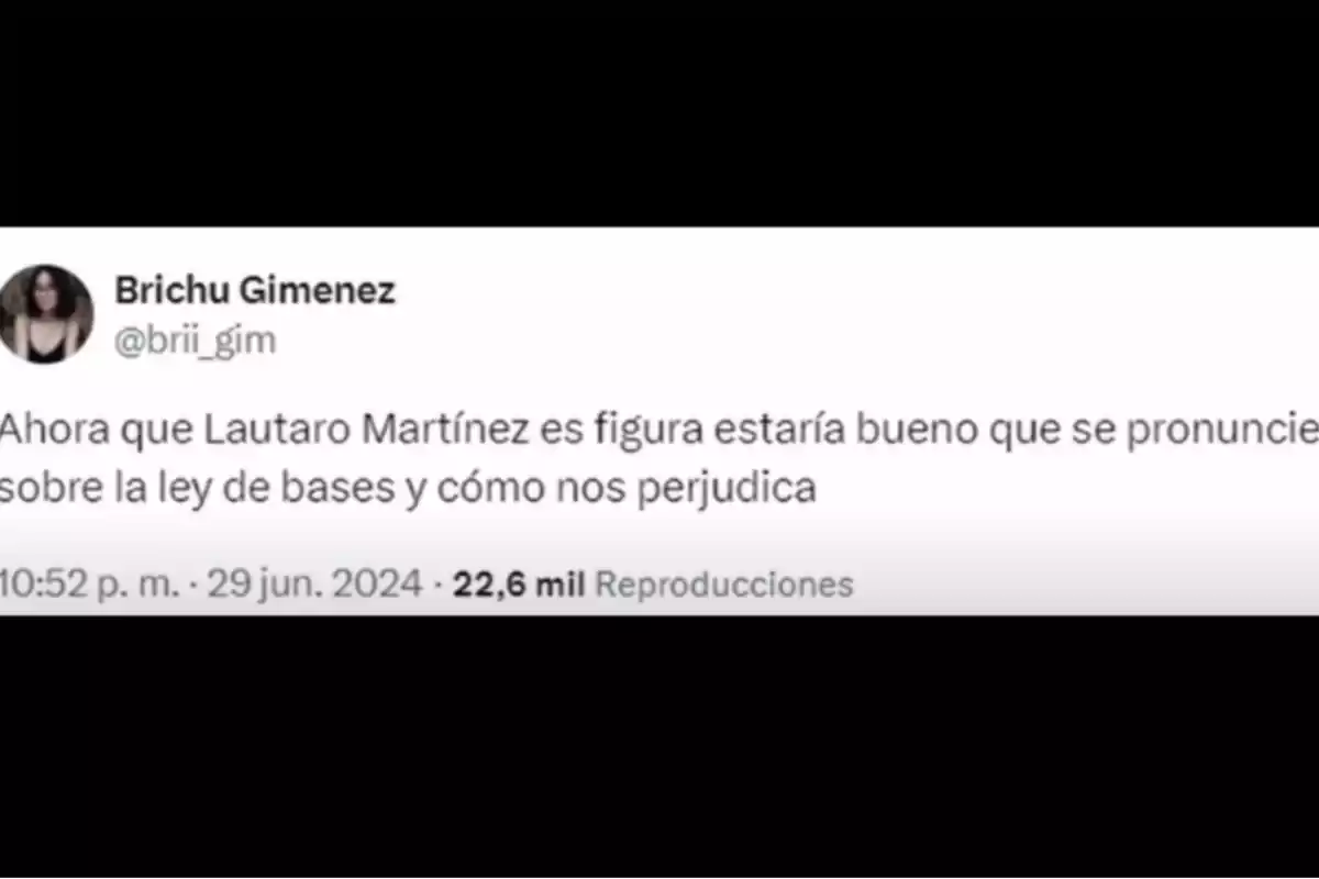 Una publicación de Brichu Gimenez en la que sugiere que Lautaro Martínez debería hablar sobre la ley de bases y su impacto negativo.