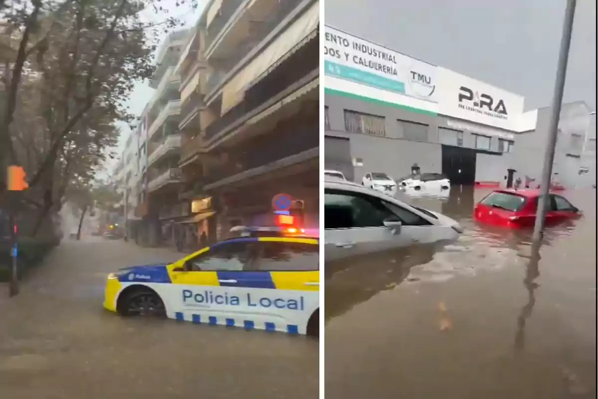 Calle inundada con un coche de la policía local y varios vehículos sumergidos en el agua.