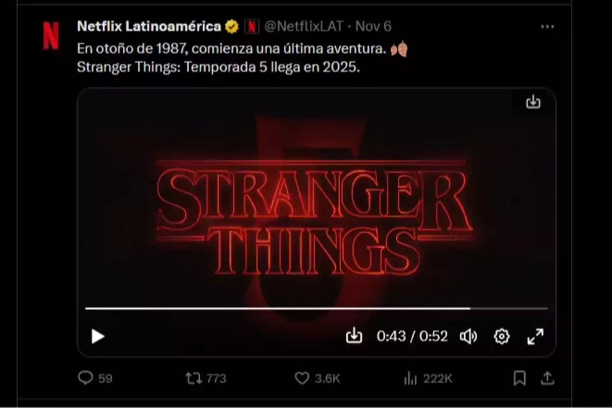 Anuncio de Netflix Latinoamérica sobre la llegada de la quinta temporada de Stranger Things en 2025, ambientada en el otoño de 1987.