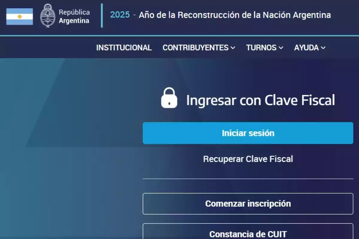 Página de inicio de sesión del sitio web de la AFIP de Argentina con opciones para ingresar con Clave Fiscal, recuperar Clave Fiscal, comenzar inscripción y obtener constancia de CUIT.