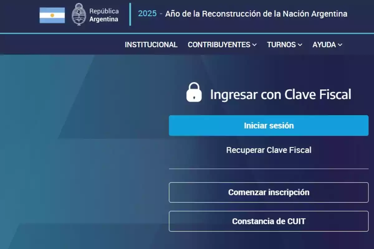 Página de inicio de sesión de la AFIP de Argentina con opciones para ingresar con clave fiscal, recuperar clave, comenzar inscripción y obtener constancia de CUIT.