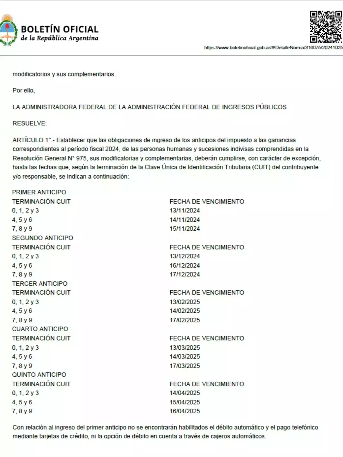 Boletín Oficial de la República Argentina que detalla las fechas de vencimiento para el ingreso de anticipos del impuesto a las ganancias del período fiscal 2024, según la terminación del CUIT del contribuyente.