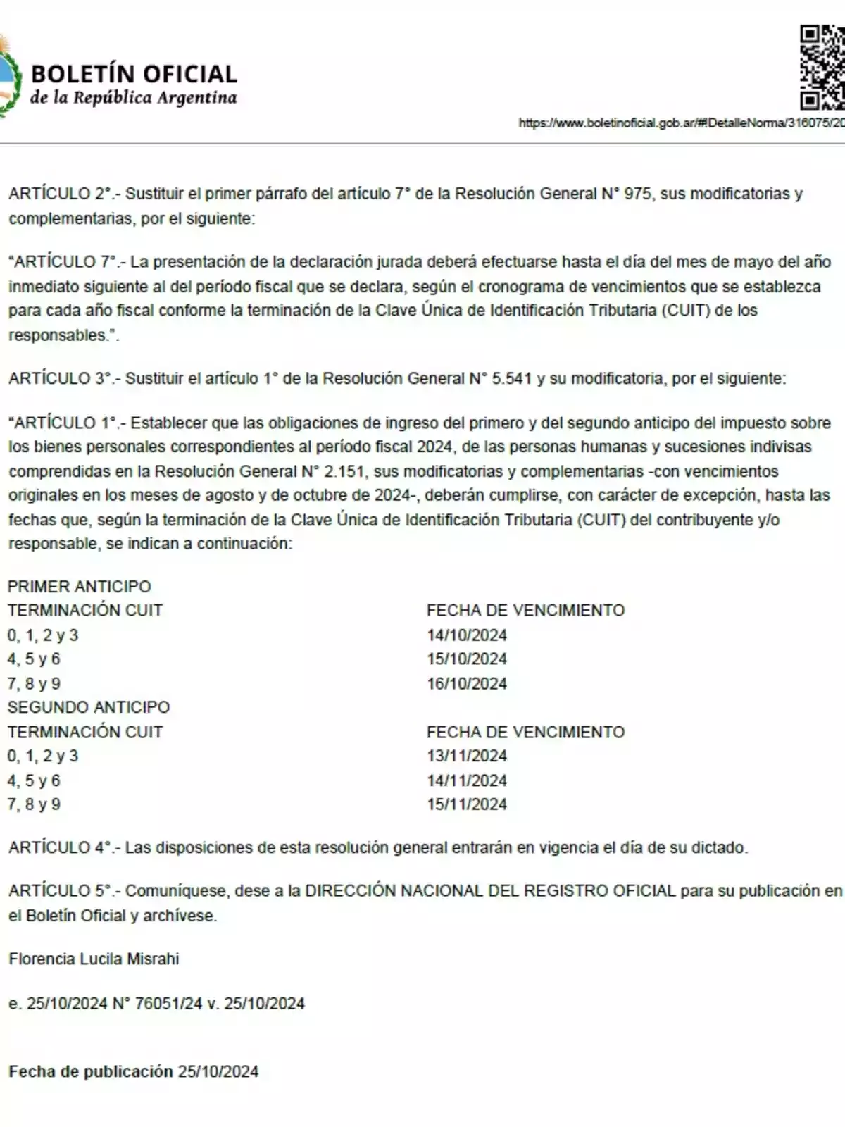 Boletín Oficial de la República Argentina con detalles sobre la sustitución de artículos en resoluciones generales relacionadas con la presentación de declaraciones juradas y obligaciones fiscales para el período fiscal 2024 incluyendo fechas de vencimiento para anticipos del impuesto sobre los bienes personales y disposiciones sobre la entrada en vigencia de la resolución.