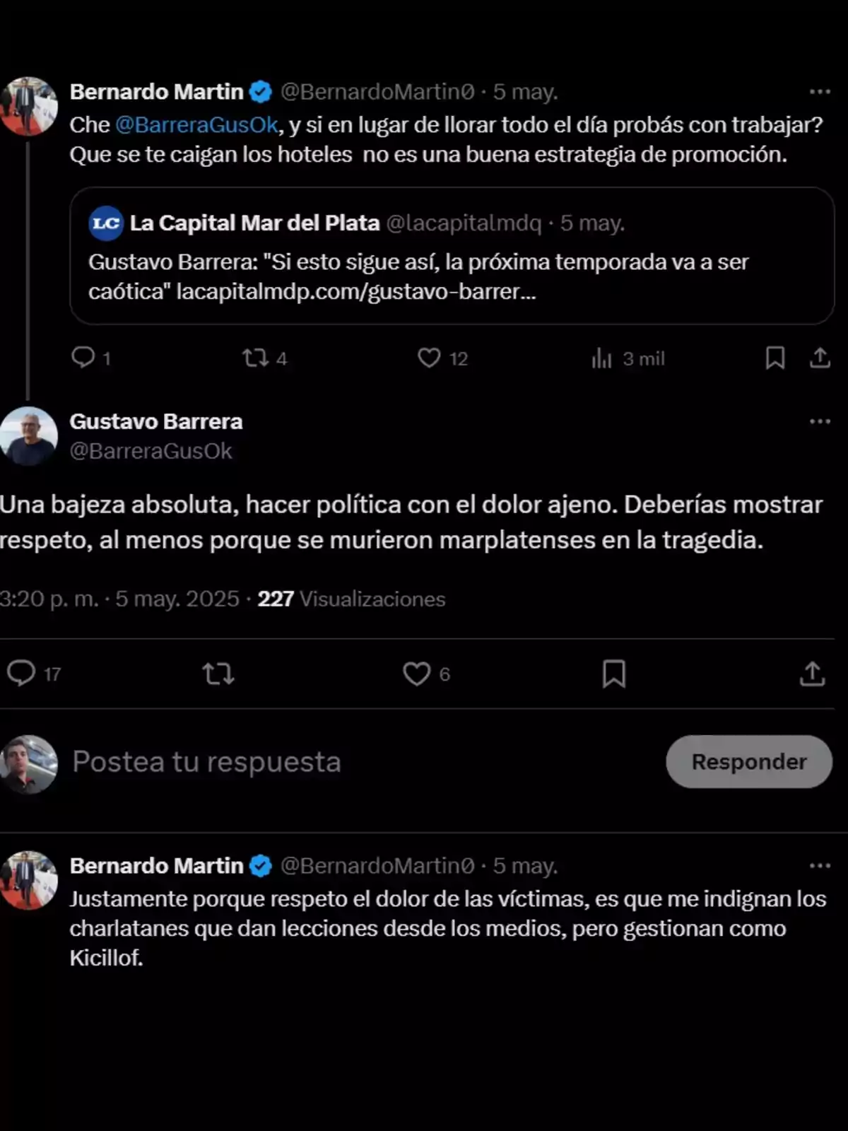 Intercambio de mensajes en Twitter entre dos usuarios discutiendo sobre la gestión y promoción turística en Mar del Plata, mencionando una tragedia y criticando el uso político del dolor ajeno. Intercambio de mensajes en Twitter entre dos usuarios discutiendo sobre la gestión y promoción turística en Mar del Plata, mencionando una tragedia y criticando el uso político del dolor ajeno.
