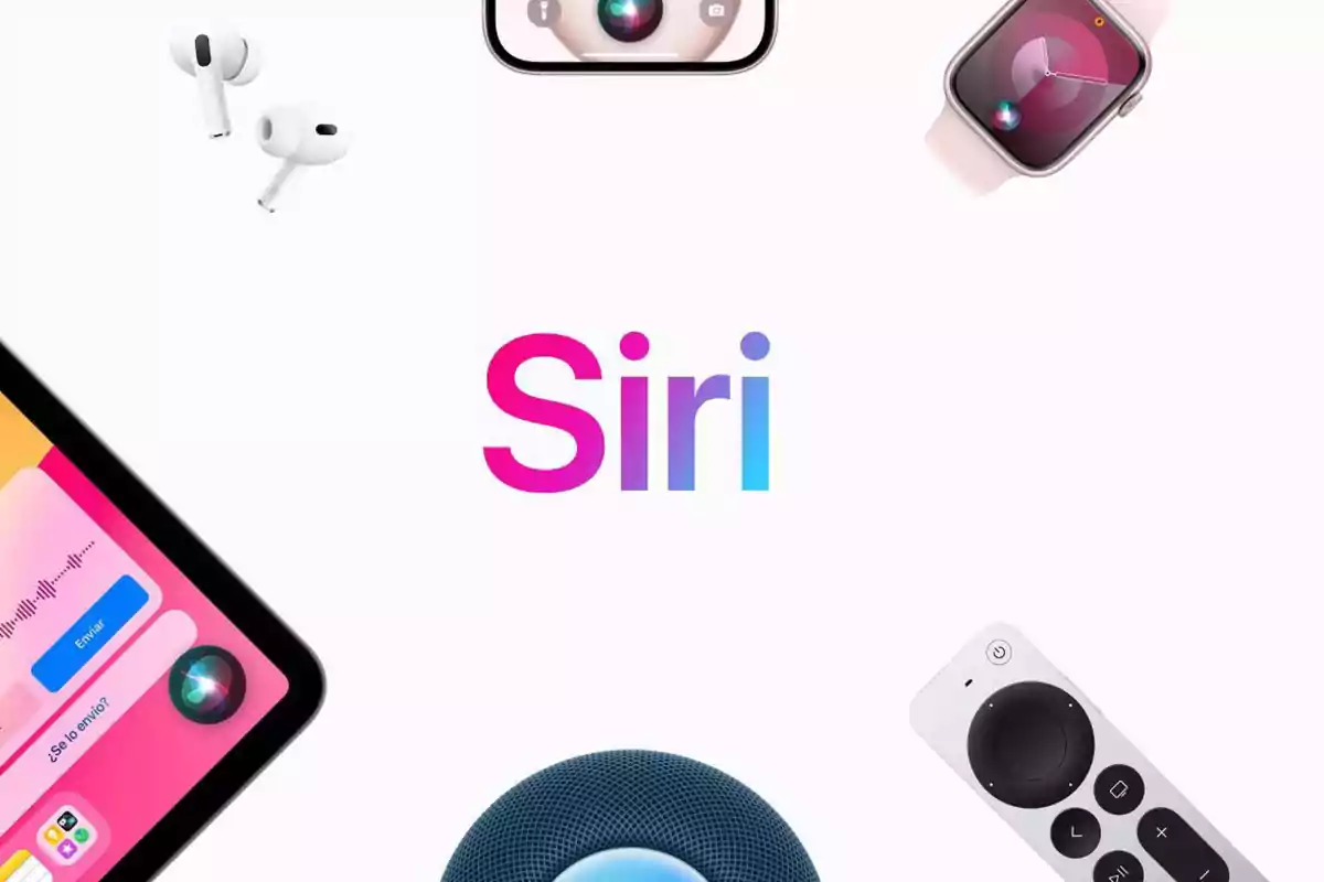 Dispositivos tecnológicos rodean el logo de Siri en un fondo blanco. Dispositivos tecnológicos rodean el logo de Siri en un fondo blanco.