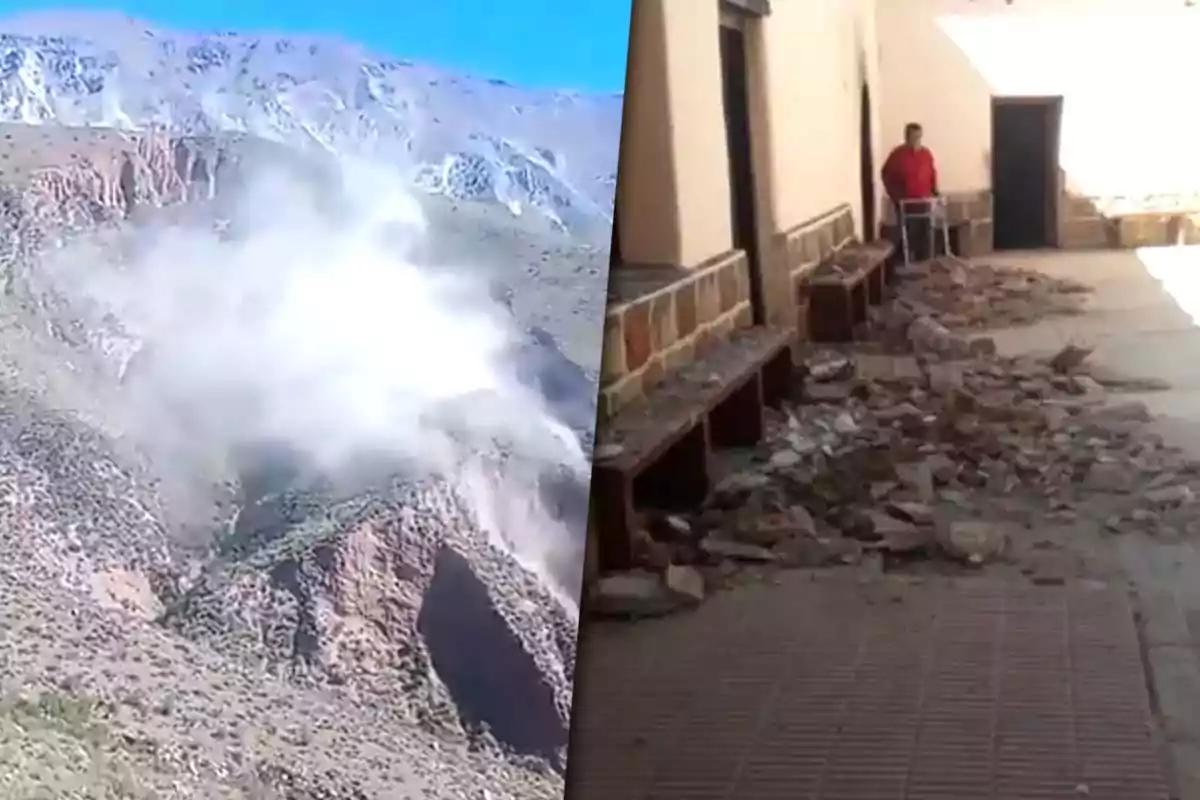 A split image shows a landslide on a mountain with dust in the air on the left and debris on the ground of a building with a person in the background on the right.