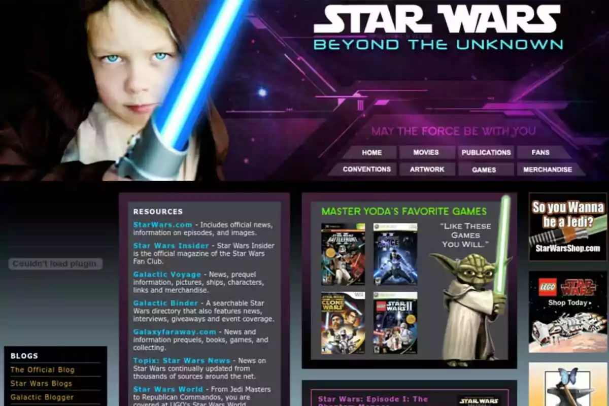 Página web temática de Star Wars con un niño disfrazado de Jedi sosteniendo un sable de luz azul, menú de navegación y recomendaciones de juegos favoritos de Yoda Página web temática de Star Wars con un niño disfrazado de Jedi sosteniendo un sable de luz azul, menú de navegación y recomendaciones de juegos favoritos de Yoda