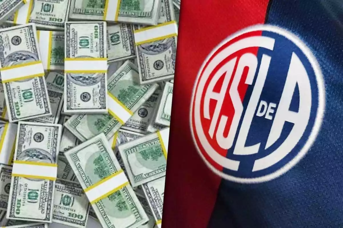 Stacks of hundred-dollar bills next to a soccer team's crest.