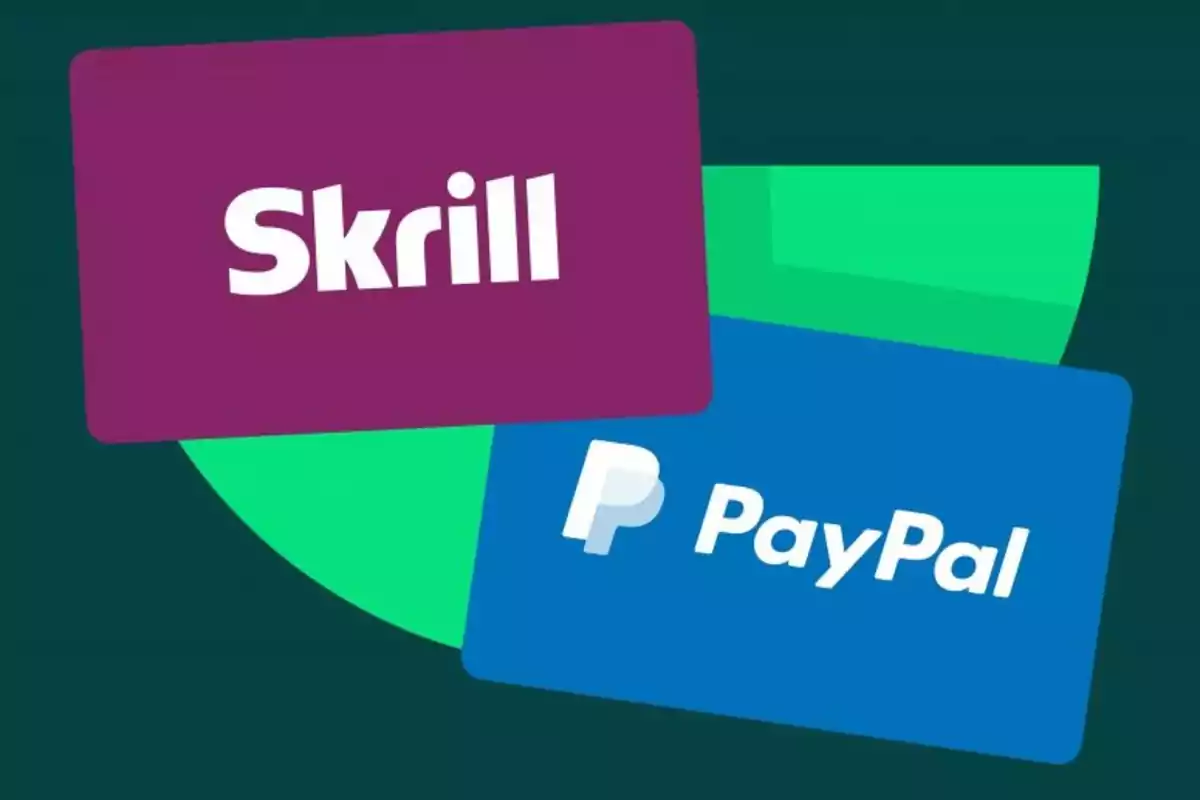 Tarjetas de presentación de Skrill y PayPal sobre un fondo verde.