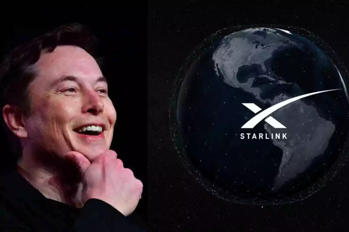 Una persona sonriendo junto a una imagen del logotipo de Starlink sobre un globo terráqueo.