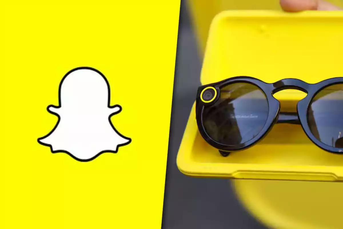 Logo de Snapchat a la izquierda y unas gafas inteligentes negras con detalles amarillos en un estuche amarillo a la derecha