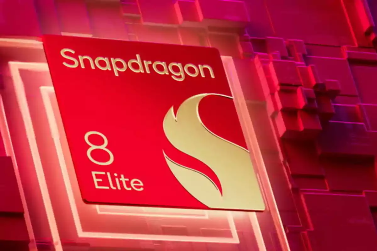 Red plaque with the Snapdragon 8 Elite logo and text on a geometric background in shades of red. Red plaque with the Snapdragon 8 Elite logo and text on a geometric background in shades of red.