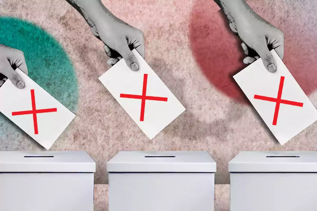 Three hands place ballots with a red cross into white ballot boxes Three hands place ballots with a red cross into white ballot boxes