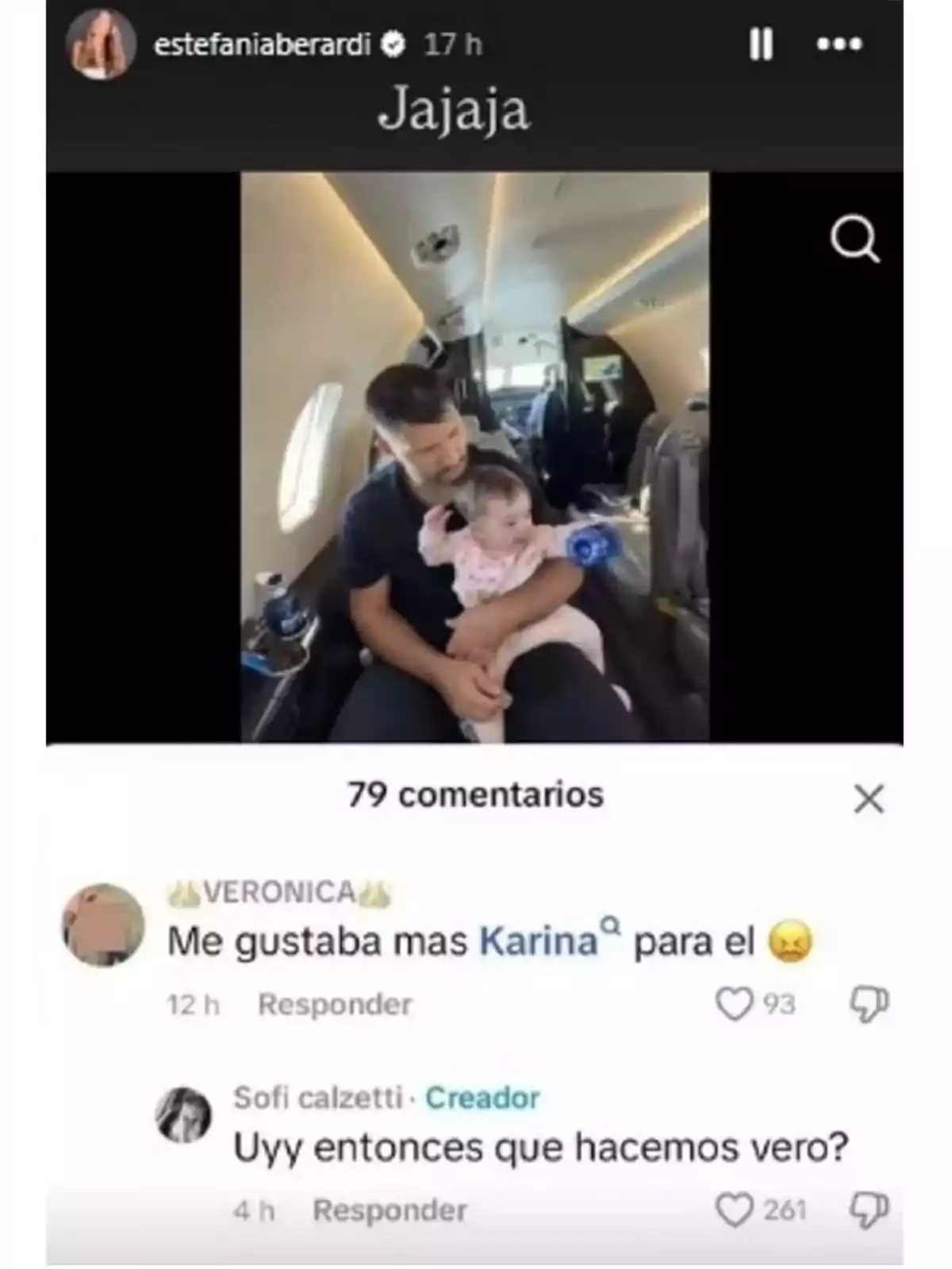 A person holds a baby on a private plane, with social media comments about the image. A person holds a baby on a private plane, with social media comments about the image.