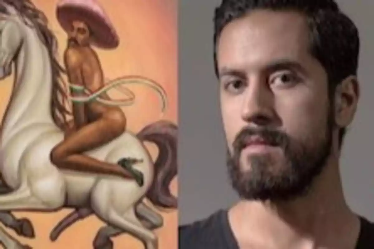 Una imagen dividida en dos partes: a la izquierda, una ilustración de una persona desnuda con sombrero montando un caballo blanco; a la derecha, el retrato de un hombre con barba y cabello oscuro.