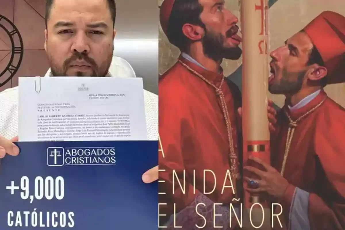 Un hombre sostiene un documento de "Abogados Cristianos" que menciona a más de 9,000 católicos, junto a una imagen de dos personas vestidas con atuendos religiosos rojos.