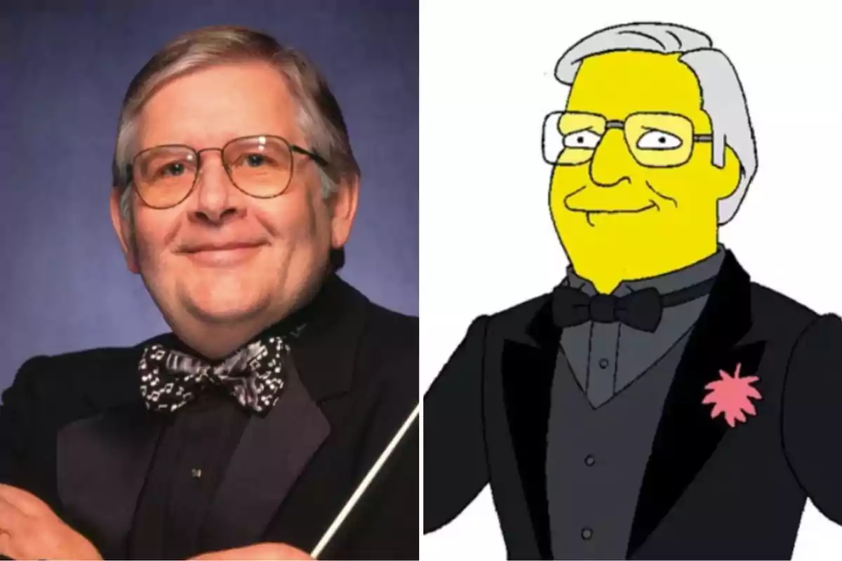 Photograph of an elderly man with glasses and a bow tie next to an animated version of himself in the style of The Simpsons