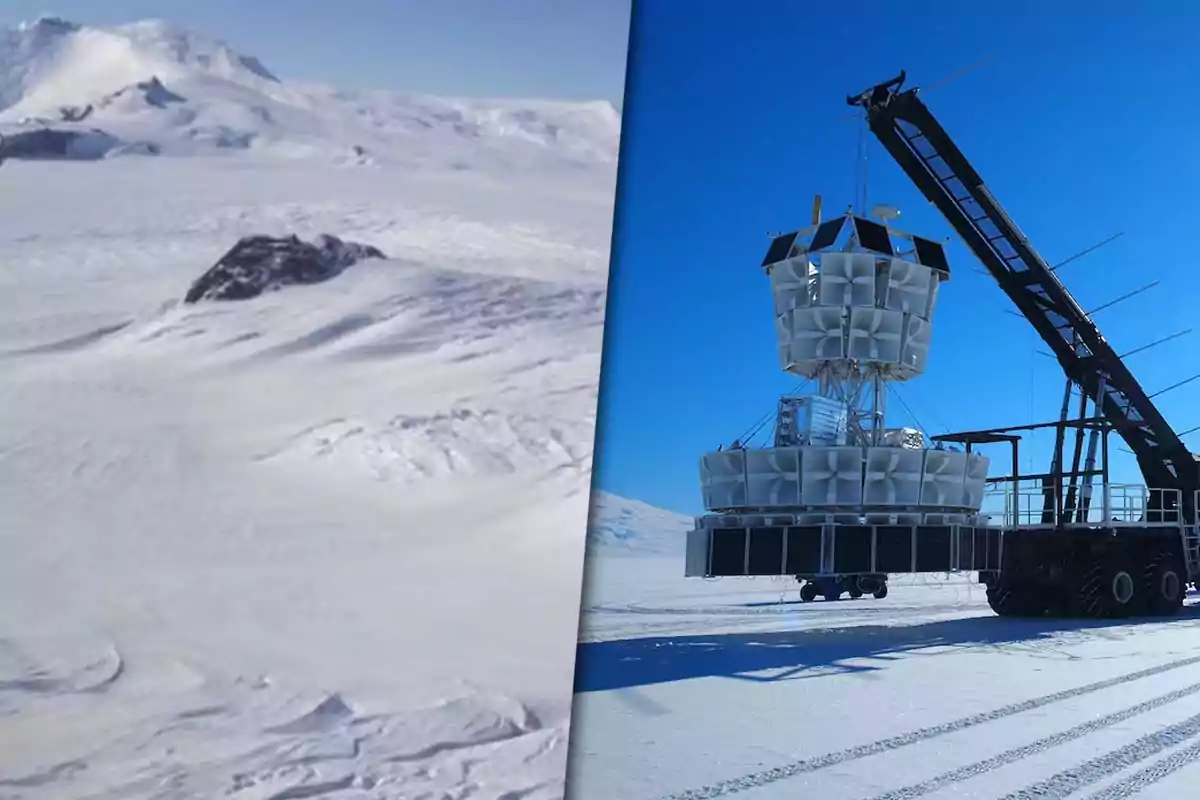 Paisaje nevado con montañas al fondo y una estructura científica siendo levantada por una grúa en un entorno polar bajo un cielo despejado.