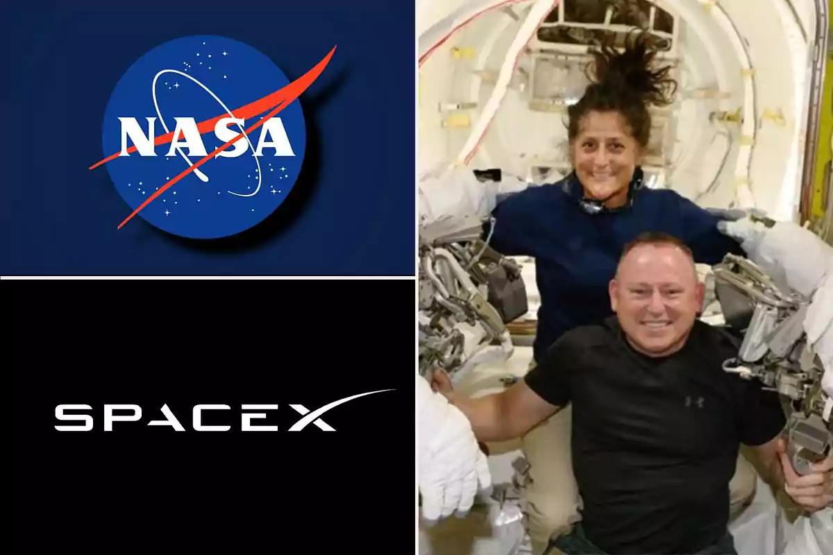 Logos de NASA y SpaceX junto a dos personas en un entorno espacial.