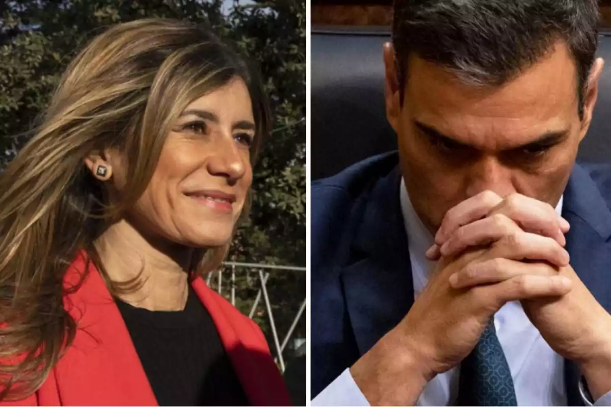 Dos personas en una imagen dividida, una mujer sonriente con chaqueta roja a la izquierda y un hombre pensativo con las manos entrelazadas a la derecha.