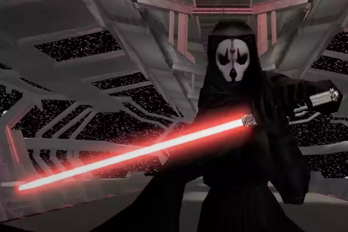 Personaje enmascarado con túnica oscura sostiene un sable de luz rojo dentro de una nave espacial Personaje enmascarado con túnica oscura sostiene un sable de luz rojo dentro de una nave espacial