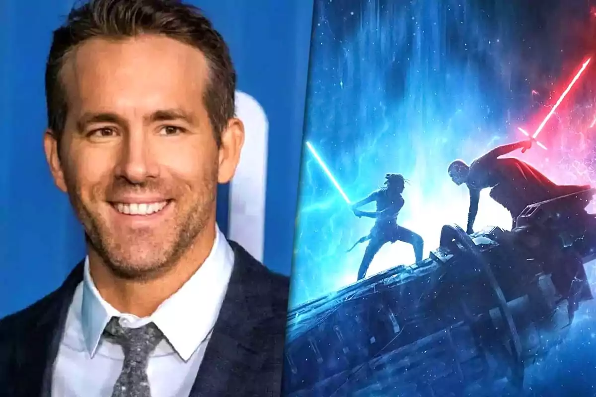 A smiling man in a suit and tie next to a scene of two characters fighting with lightsabers in a colorful, futuristic setting.