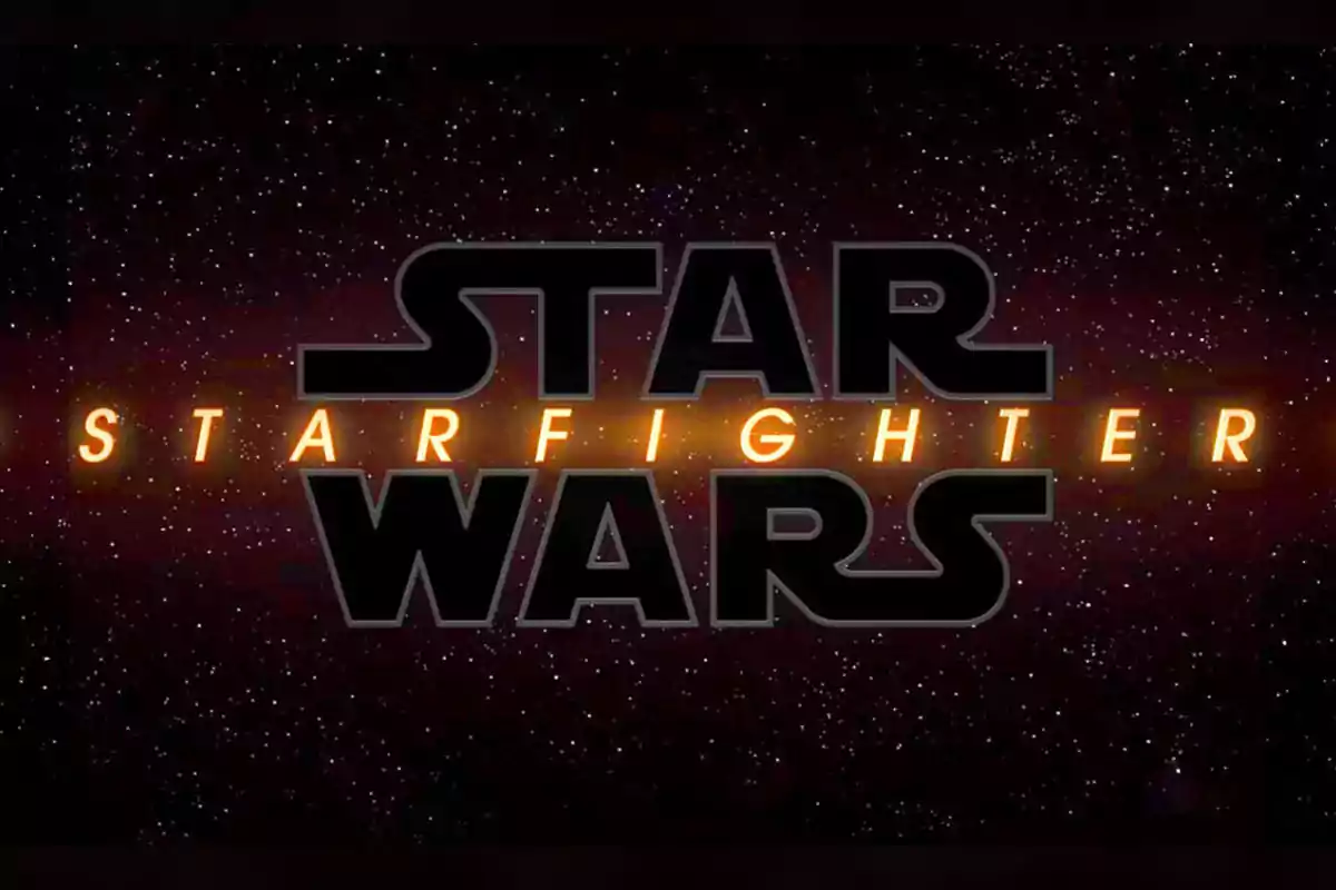 Logo de Star Wars con la palabra Starfighter en letras brillantes sobre un fondo de estrellas en el espacio Logo de Star Wars con la palabra Starfighter en letras brillantes sobre un fondo de estrellas en el espacio