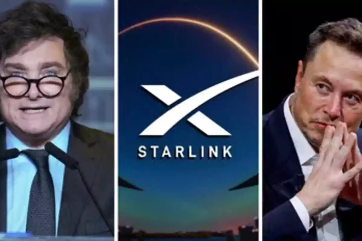 Dos personas en los extremos con el logo de Starlink en el centro.