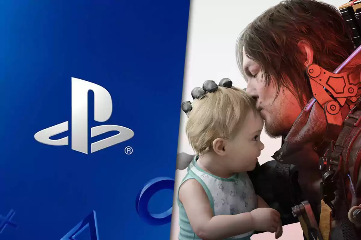 PlayStation logo on the left and on the right a video game character kissing a baby's head