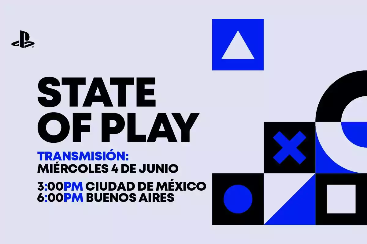 State of Play announcement from PlayStation with broadcast information for Wednesday, June 4 at 3 PM in Mexico City and 6 PM in Buenos Aires, accompanied by geometric shapes and the PlayStation logo