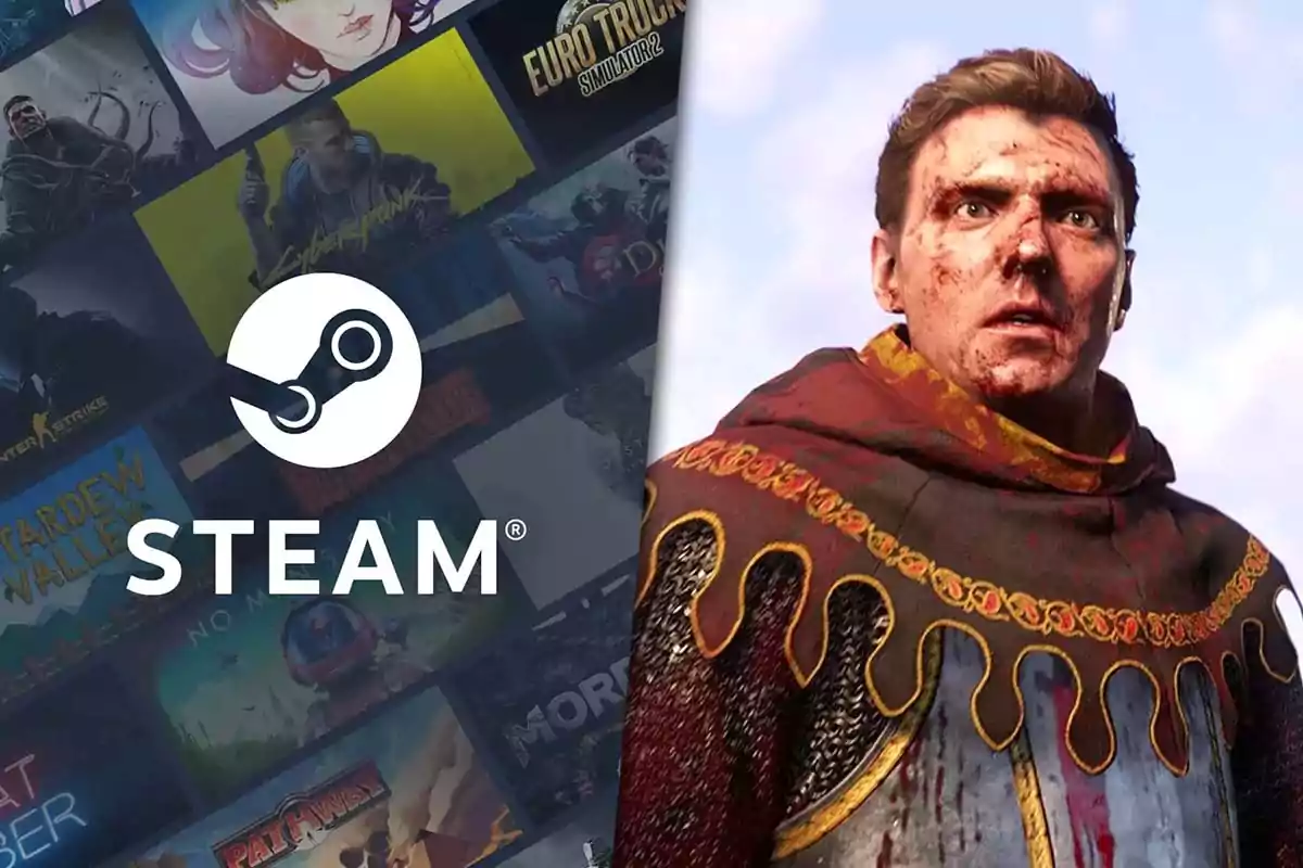 Una imagen que muestra el logotipo de Steam junto a una selección de portadas de videojuegos y un personaje con una expresión intensa y vestimenta medieval de "Kingdom Come: Deliverance II"