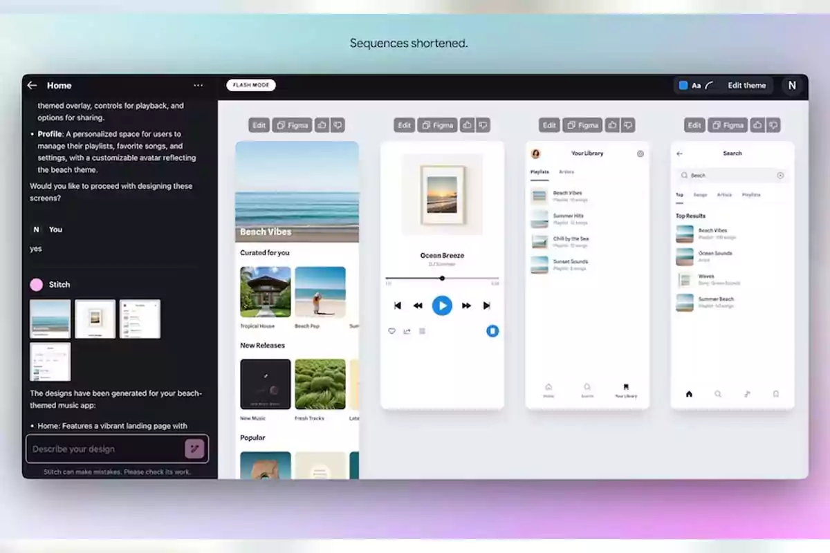 Interface of a beach-themed music app displaying various design screens and a sidebar with instructions and editing options Interface of a beach-themed music app displaying various design screens and a sidebar with instructions and editing options