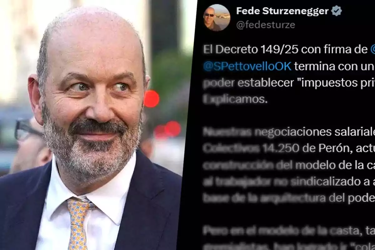 Un hombre con barba y traje sonríe mientras a su lado se muestra un tuit que menciona un decreto y negociaciones salariales.