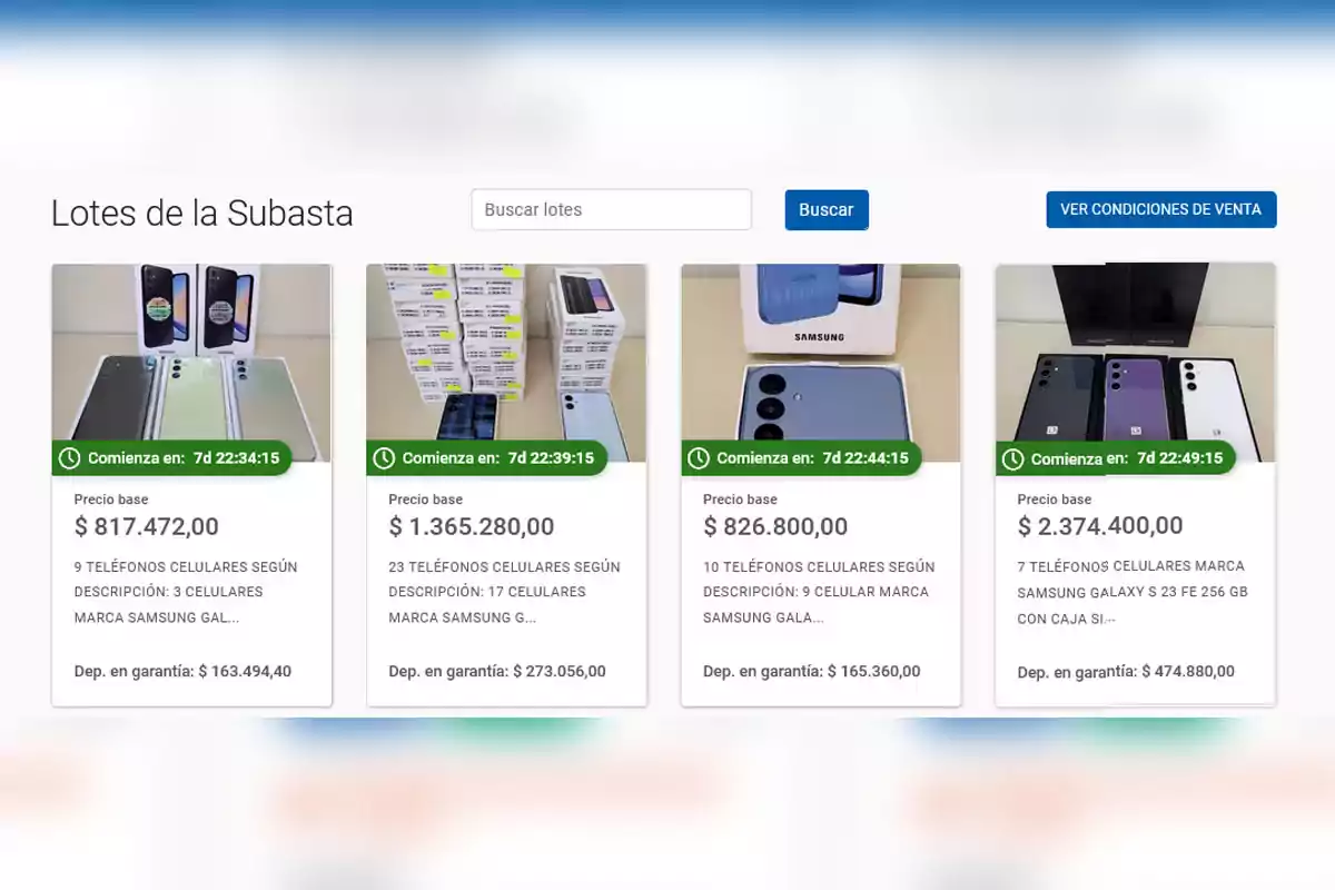 Online auction screen displaying lots of Samsung cell phones with starting prices and auction start times. Online auction screen displaying lots of Samsung cell phones with starting prices and auction start times.