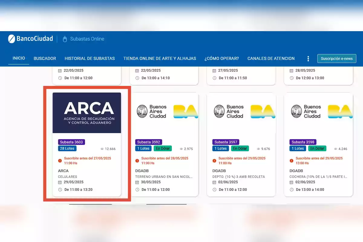 Banco Ciudad online auction page showing various auctions with details such as dates, times, and available lots. Banco Ciudad online auction page showing various auctions with details such as dates, times, and available lots.