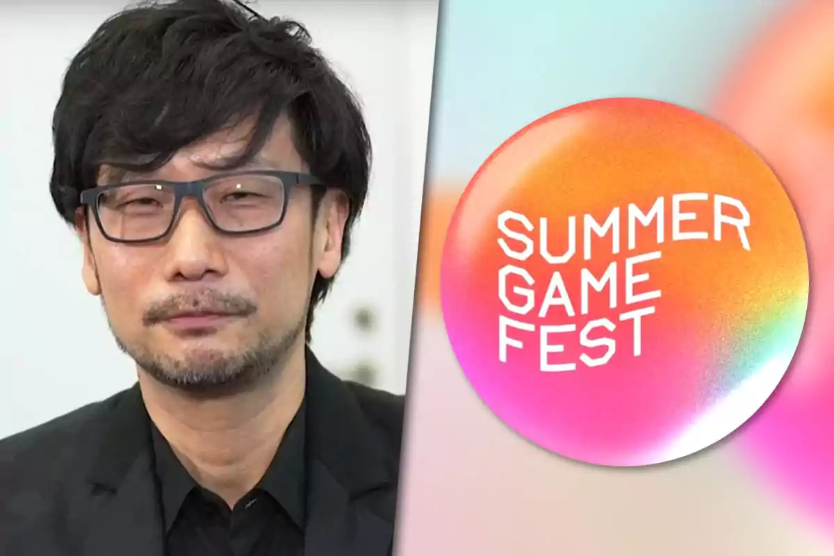 Hombre con gafas de montura oscura junto a un logo colorido que dice Summer Game Fest