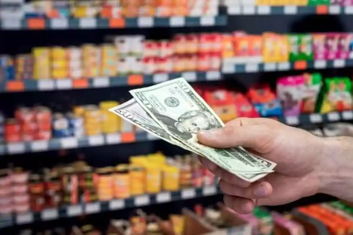 Persona sosteniendo billetes de dólar en una tienda con estantes llenos de productos en el fondo.