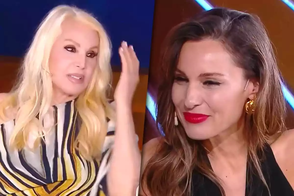 Dos mujeres conversando en un programa de televisión, una con cabello rubio (Susana Giménez) y otra con cabello castaño (Pampita Ardohain), ambas lucen sonrientes y están bien arregladas.