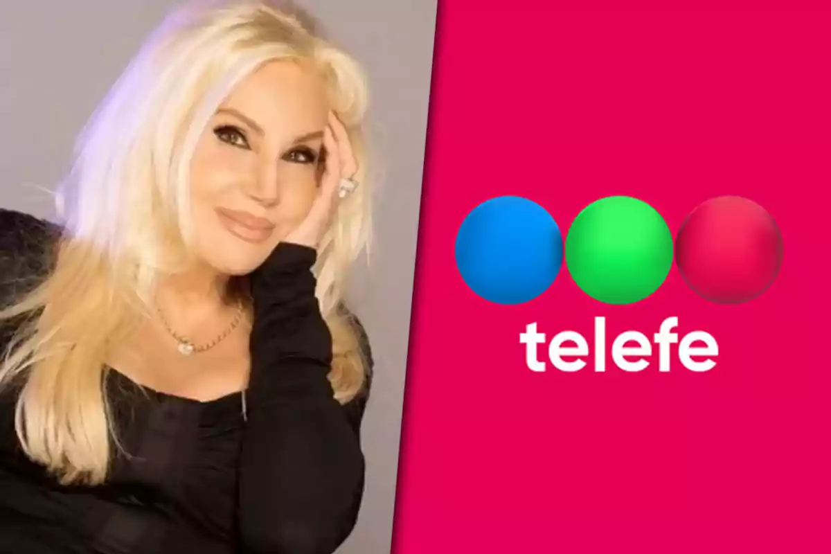 Una persona rubia sonriendo junto al logo de Telefe sobre un fondo rosa.