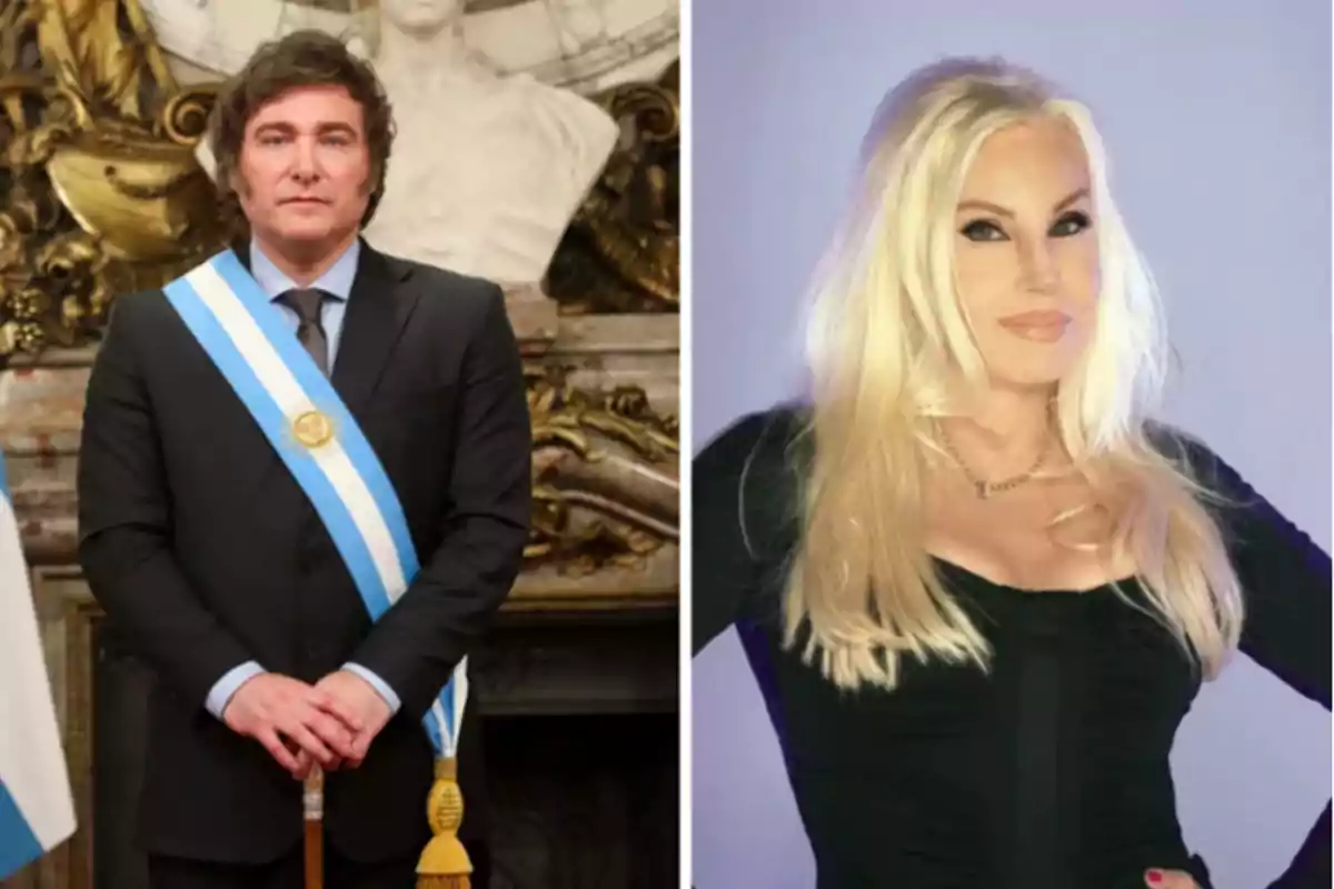 Dos personas posando, una con una banda presidencial y otra con cabello rubio y vestido negro.