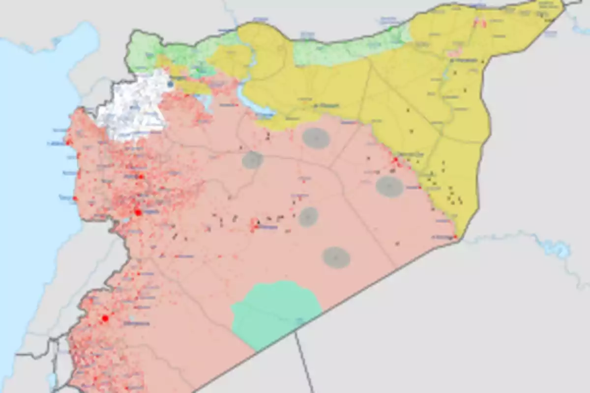 Mapa de Siria con diferentes áreas coloreadas en amarillo, verde, rojo y gris, indicando el control territorial de distintas regiones.