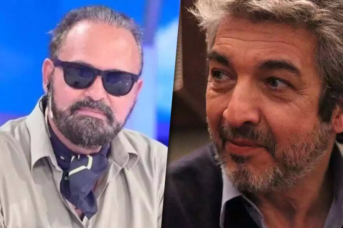 Two bearded men, one wearing sunglasses (Augusto Tartúfoli) and the other with gray hair (Ricardo Darín).