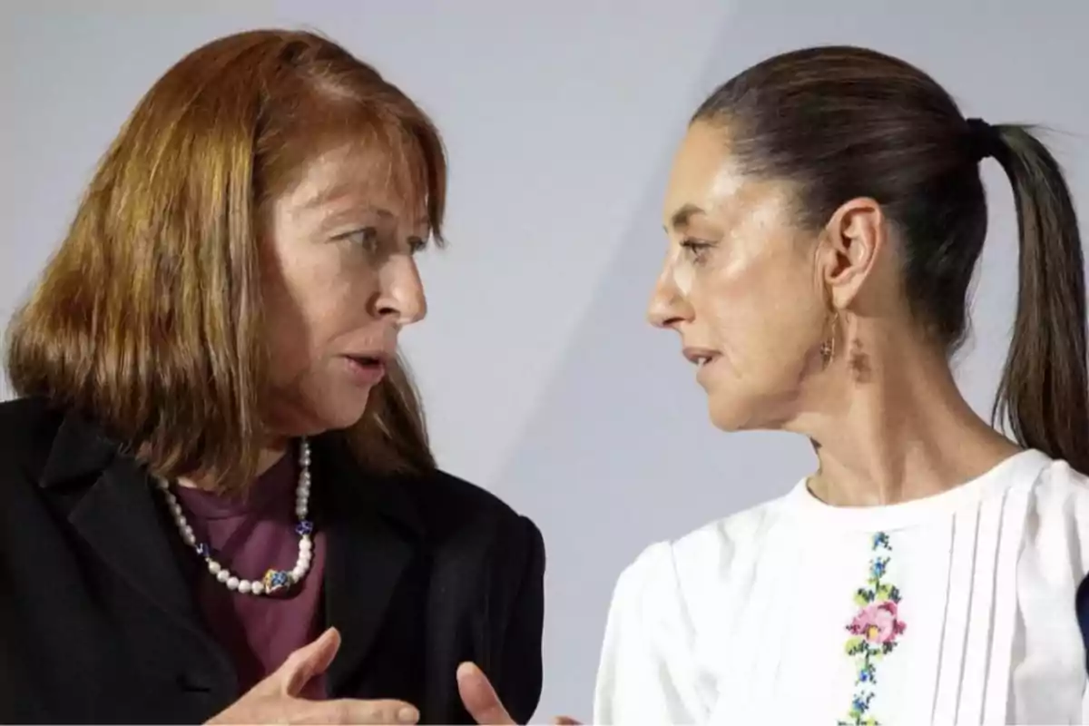 Dos mujeres conversando de perfil, una con cabello castaño y collar de perlas, la otra con cabello recogido y blusa blanca con bordado floral.