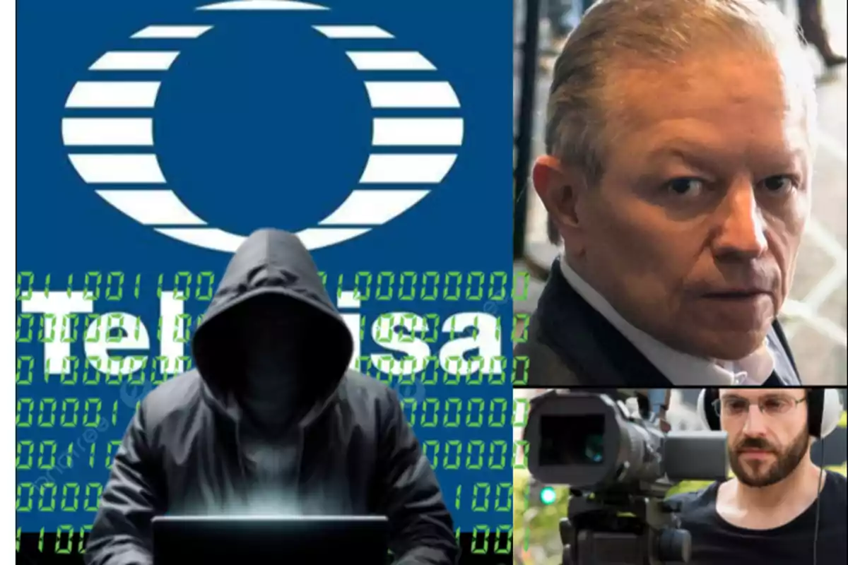 A collage showing a company's logo, a hooded man in front of a computer, an older man, and a cameraman.