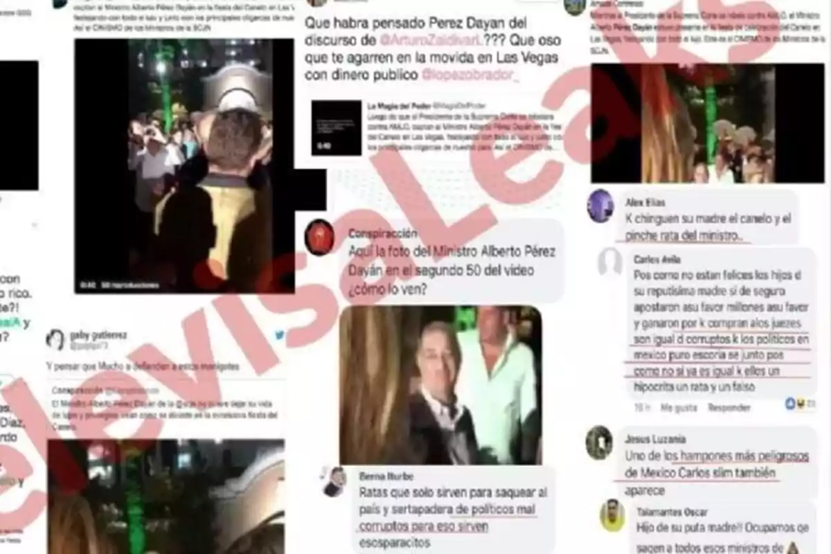 La imagen muestra capturas de pantalla de redes sociales con comentarios y fotos relacionadas con un evento en Las Vegas, donde se menciona a un ministro y se discuten temas de corrupción y uso de dinero público. La palabra La imagen muestra capturas de pantalla de redes sociales con comentarios y fotos relacionadas con un evento en Las Vegas, donde se menciona a un ministro y se discuten temas de corrupción y uso de dinero público. La palabra